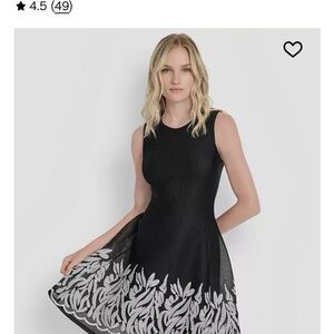 NEW - DKNY Black Mesh Overlay Dress with White Leaf Pattern